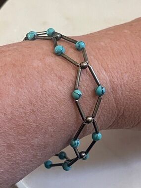 Turquoise Silver Bead and Gunmetal Hexagon Bracelet - Women Jewelry